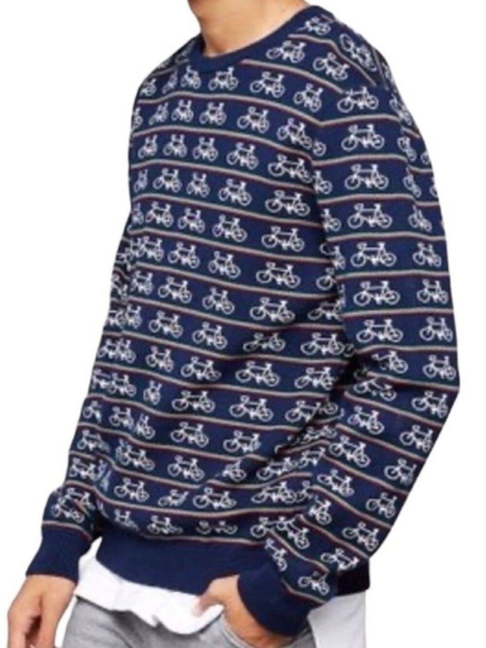 Forever 21 Men | Navy Bicycle Print & Striped Crewneck Sweater (Size Medium)
